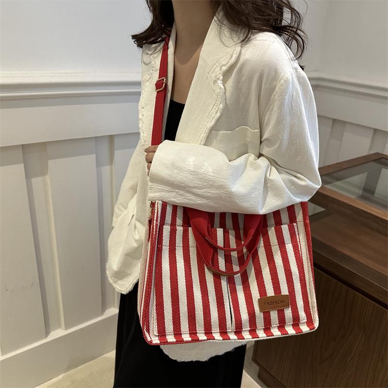 Women S Large Capacity Striped Canvas Tote Bag Crossbody Handbag