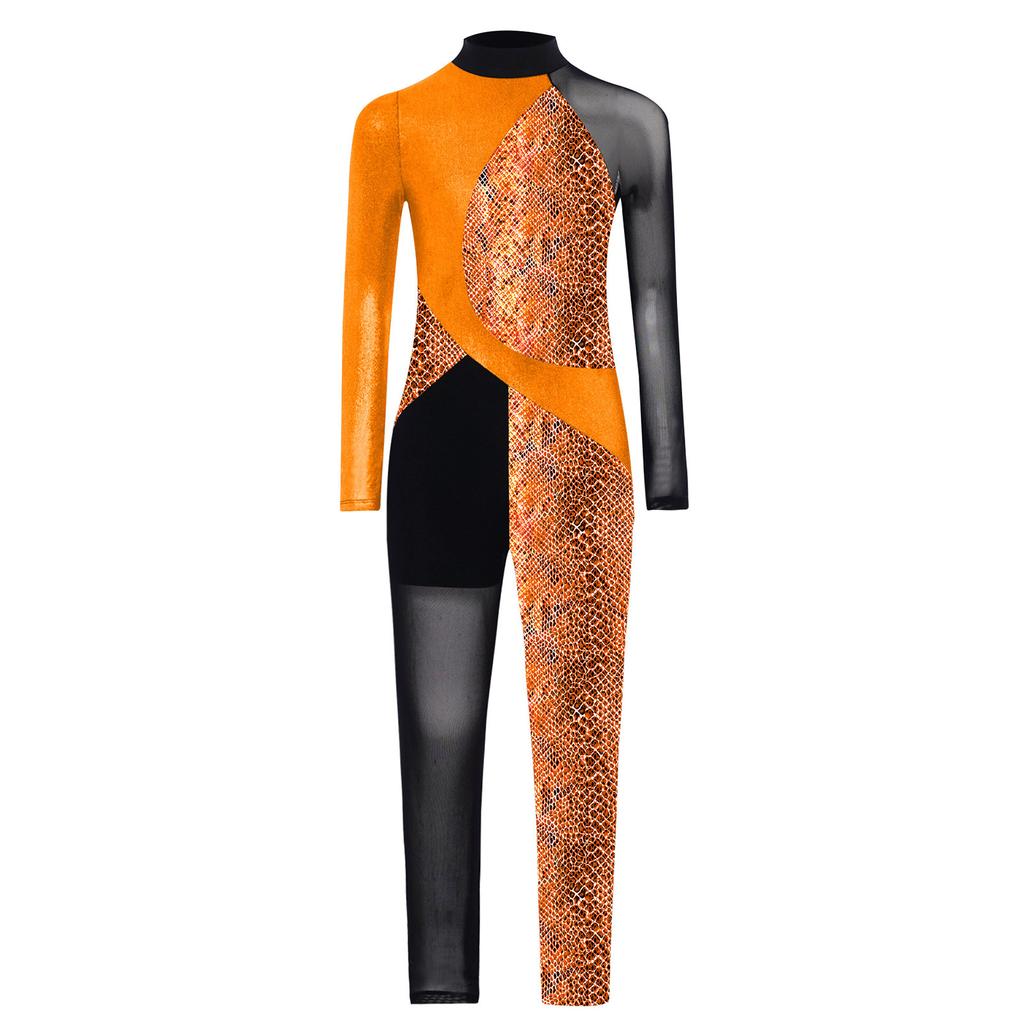 Асимметричный танцевальный комбинезон для девочек, мок-воротник, прозрачные сетчатые длинные рукава, спинка с вырезом-капелькой, металлический комбинезон со змеиным принтом