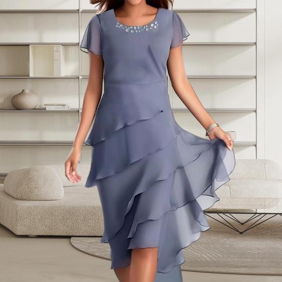 Женское элегантное платье с круглым вырезом и декором из бисера, платье миди с короткими рукавами, многослойное платье с тортом и подолом, струящееся платье для вечеринки, свадьбы, гостя