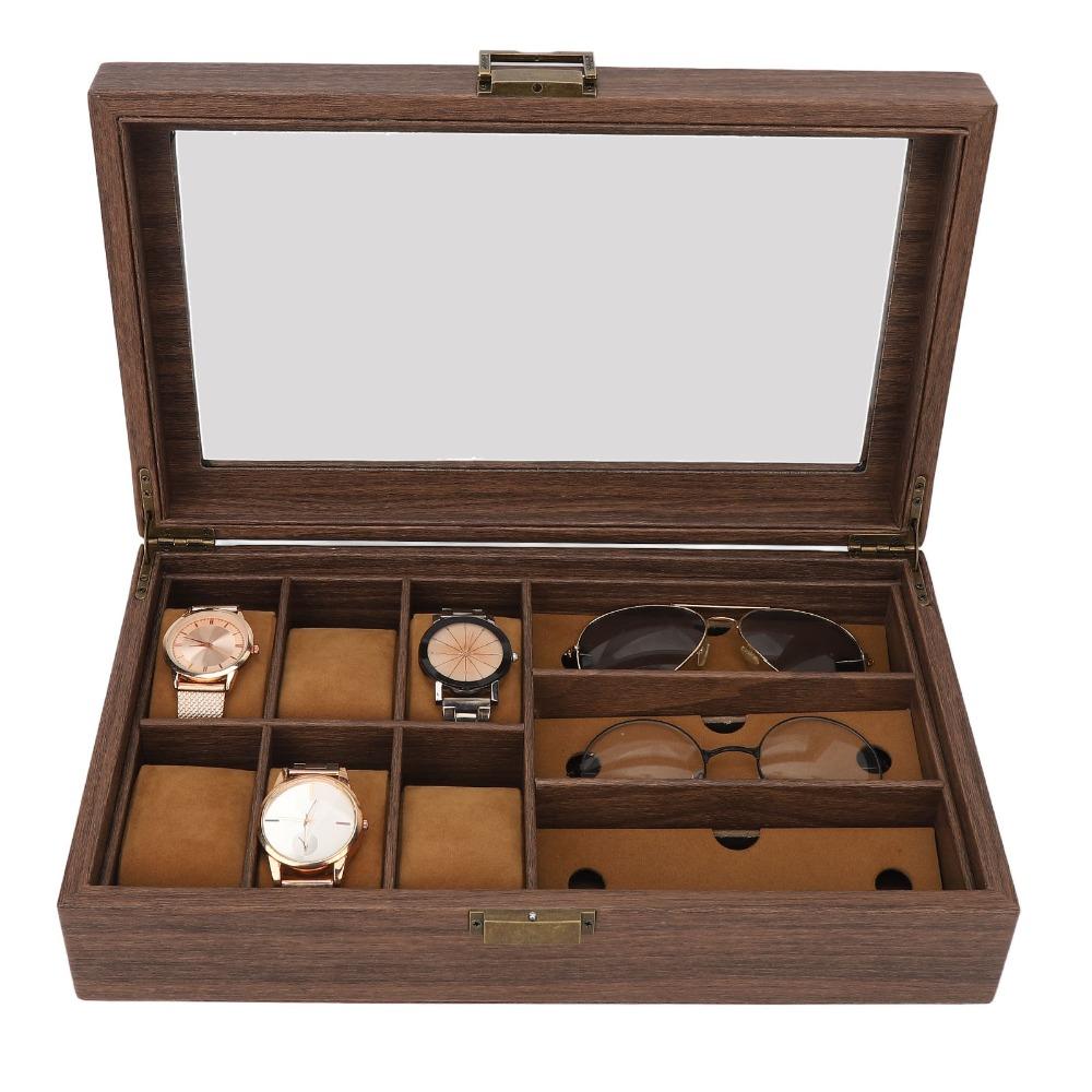 Black Walnut Wooden Watch Box PU Leather Watch Glasses Display Box Office Use