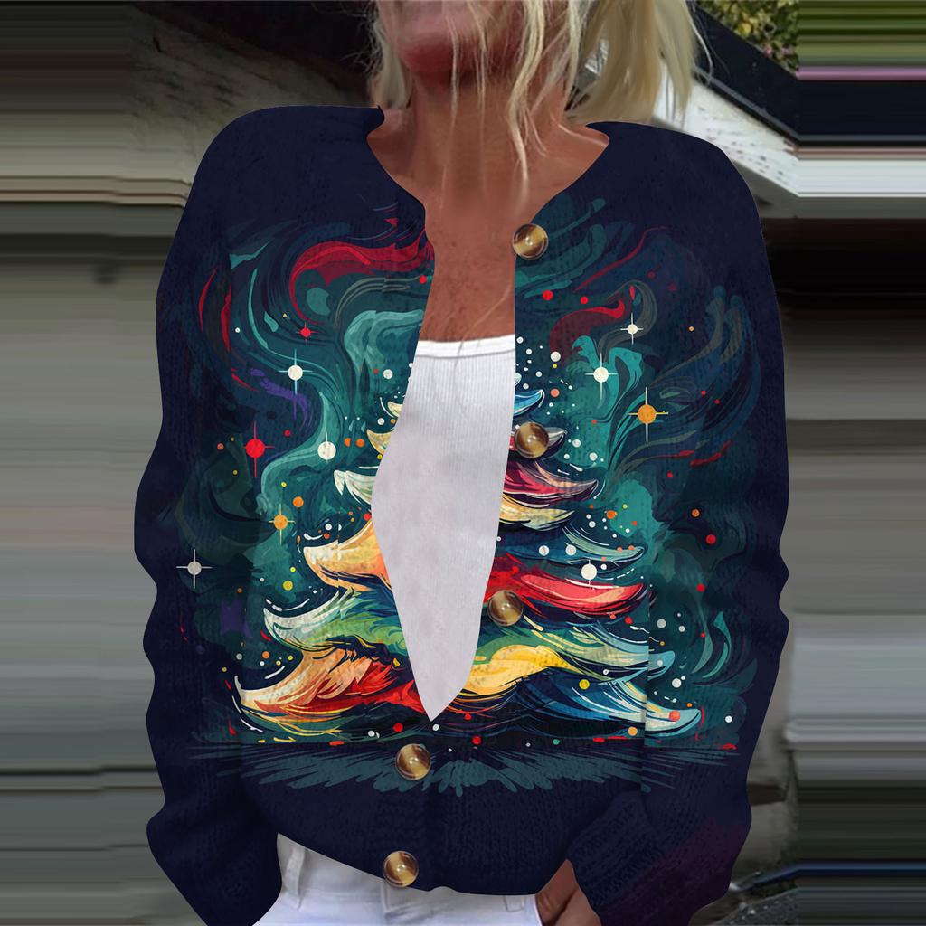 Women's Fashion Christmas Printed Long Sleeve Knitted Cardigan Button Down Jacket