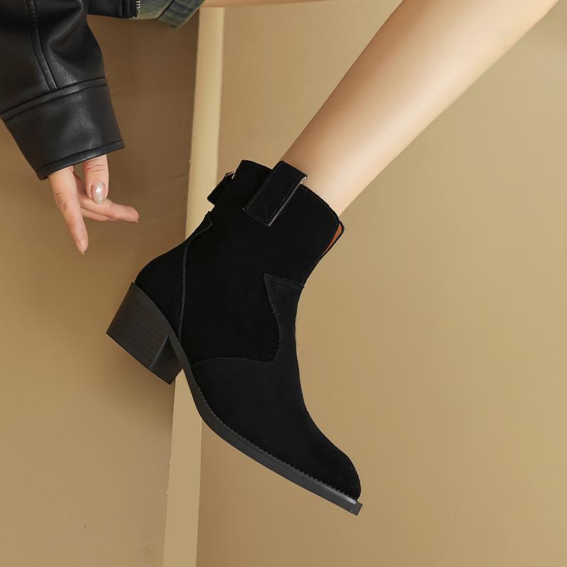 Зимние классические ботинки челси 2025 года для женщин из коровьей замши с острым носком на танкетке, ботильоны, простые и удобные ковбойские сапоги для женщин