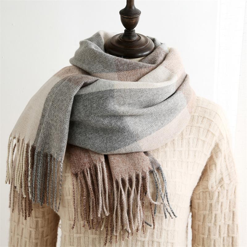 New Plaid Scarf for Women Japanese and Korean Sweet Imitation Cashmere Mid Length Colorful Plaid Scarf Shawl and Scarf
