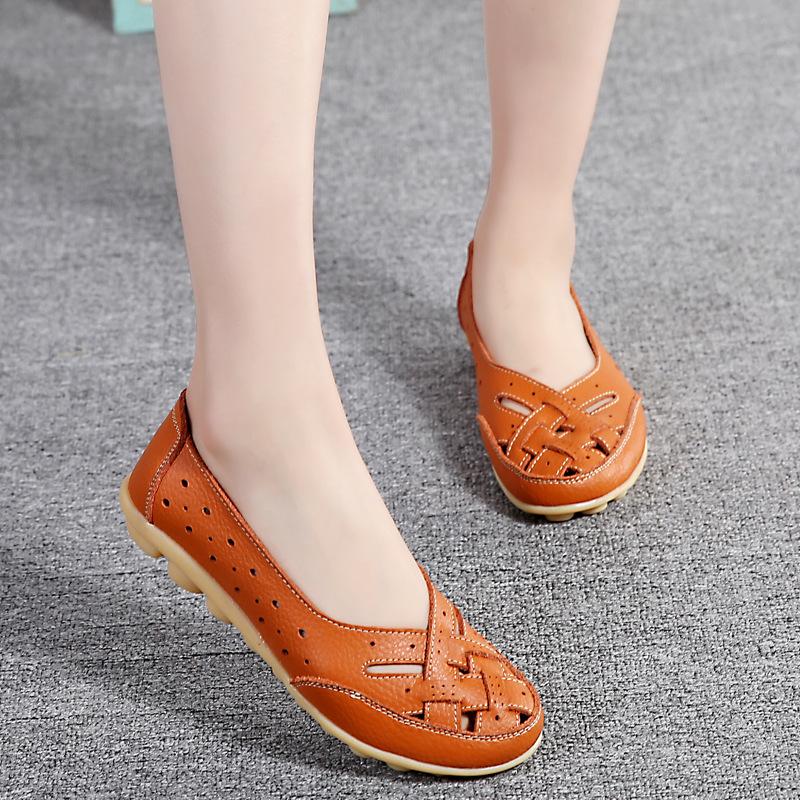 Women's Hollow Out PU Leather Shoes Breathable Shallow Mouth Loafers Casual Slip On Comfortable Walking Shoes