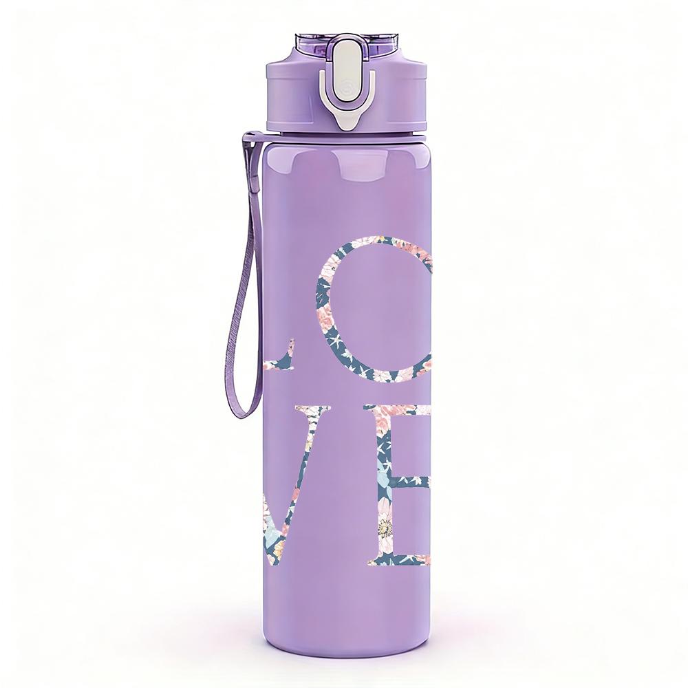 1PC LOVE red cursive text print 750ml colorful plastic sports water bottle leakproof pop up lid with straw for outdoor work home use