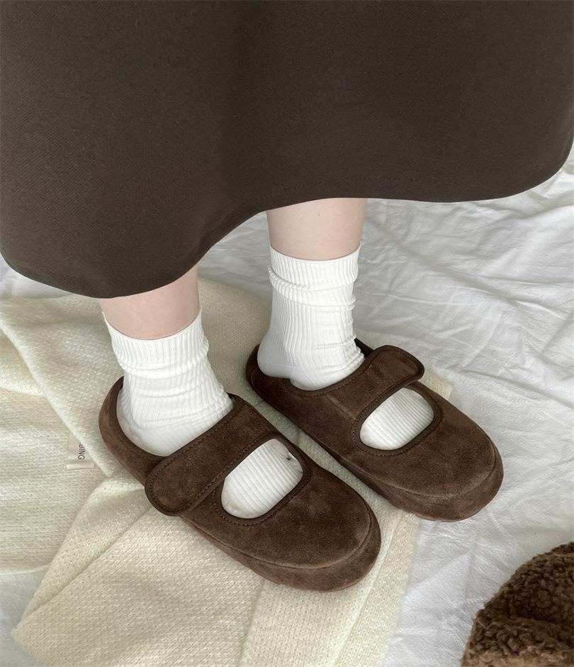 Шерстяные ретро Мэри Джейн на плоской подошве Шерстяные одинарные туфли женские 2025 осень и зима бархатные туфли Birkenbeanie