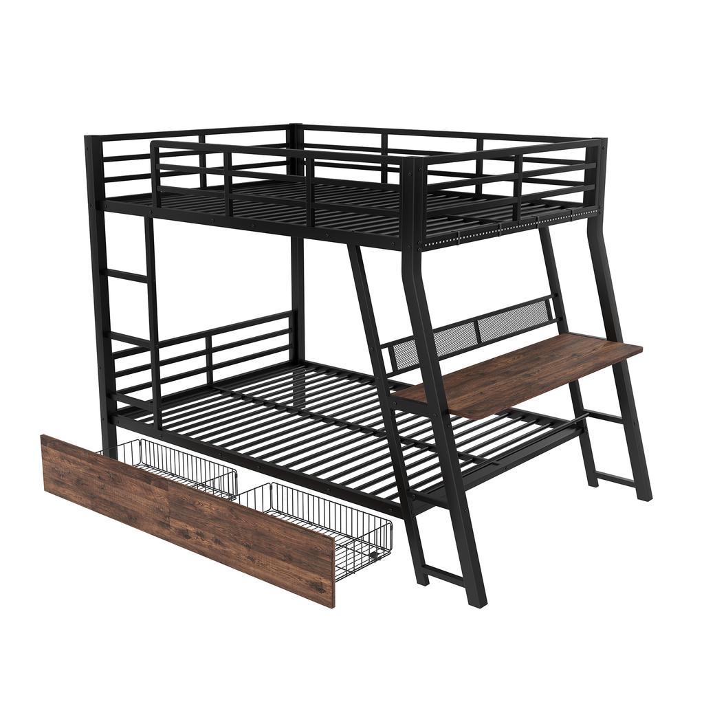Loft Bed, 140 x 200cm, Iron Frame, LED Strip, Drawers, Railing, Stairs, Desk, without Mattress, Black