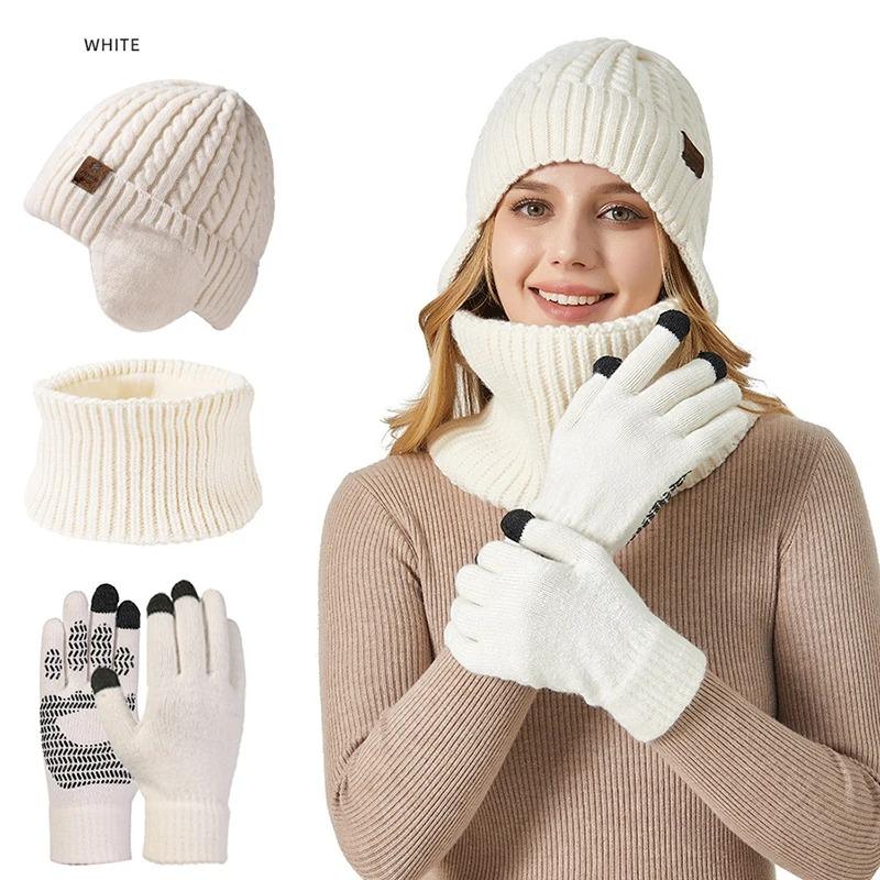 Women Knitted Beanies Cold Hat 3pcs Warm Winter Hat For Women Scarves Cap Scarf Gloves Hats Three Sets Outdoor Warmer Scarf Hat Touch Screen Gloves