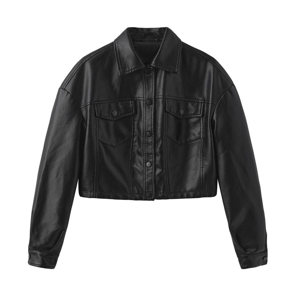 Women’s Jackets Faux Leather Long Sleeves Single Breasted Crop Top Punk Jacket Short Motorcycle Coat Fashion Out Wear