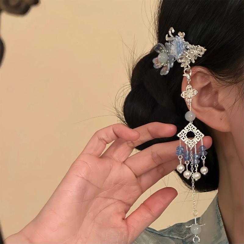 Цветочная кисточка для волос в китайском стиле Ханьфу, заколка с хрустальной жемчужной кисточкой для женщин