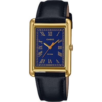 Классические прямоугольные женские часы с синим циферблатом LTP-B165GL-2BVEF (Черная кожа)