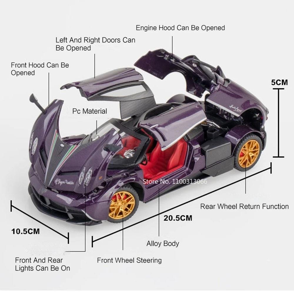 AAZV1 1:24 Huayra Revuelto Spray Model Toy Sports Cars Alloy Diecast Pull Back Shock Absorption Sound Light Simulation Mini Supercars