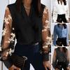 Patchwork Color Office Lady Shirt V-Neck Lace Splicing See-through Puff Sleeve Blouse Loose Fit Elegant Pullover Tops