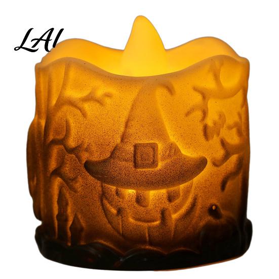 Vintage Style Pumpkin Lantern Halloween LED Candle Flameless Electronic Tealight Embossed Resin Lantern Warm Yellow Lamp Spooky Table Decor