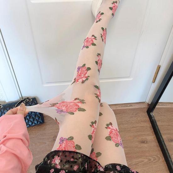 Women Pantyhose Retro Floral Print Ultra-thin See-through High Elasticity Anti-slip Club Dating Party