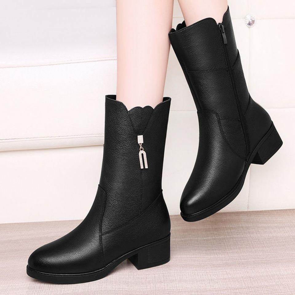 Autumn and Winter Plus Velvet Warm Soft Leather Mid-tube Boots Mid-heel Cotton Boots