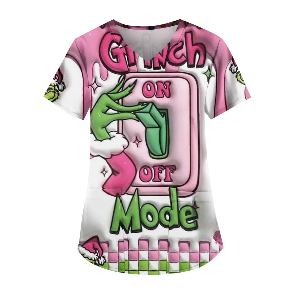 Women's Fashion Printed Short Sleeve V Neck Pattern Tops Pocket Working T-shirts