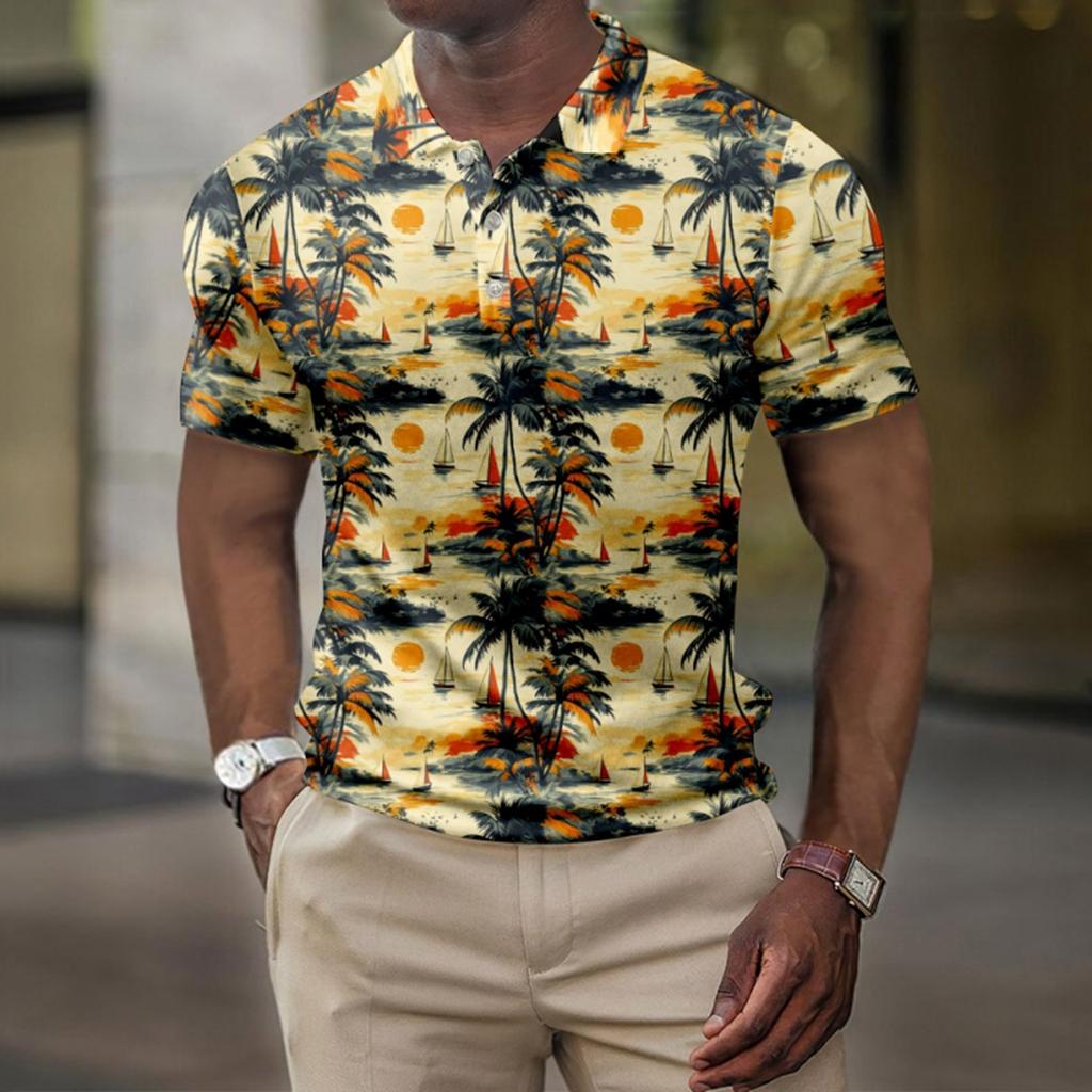 Men's Summer Hawaii Printed Golf Shirt Botton Short Sleeve Top Men's Casual Fashion Shirt