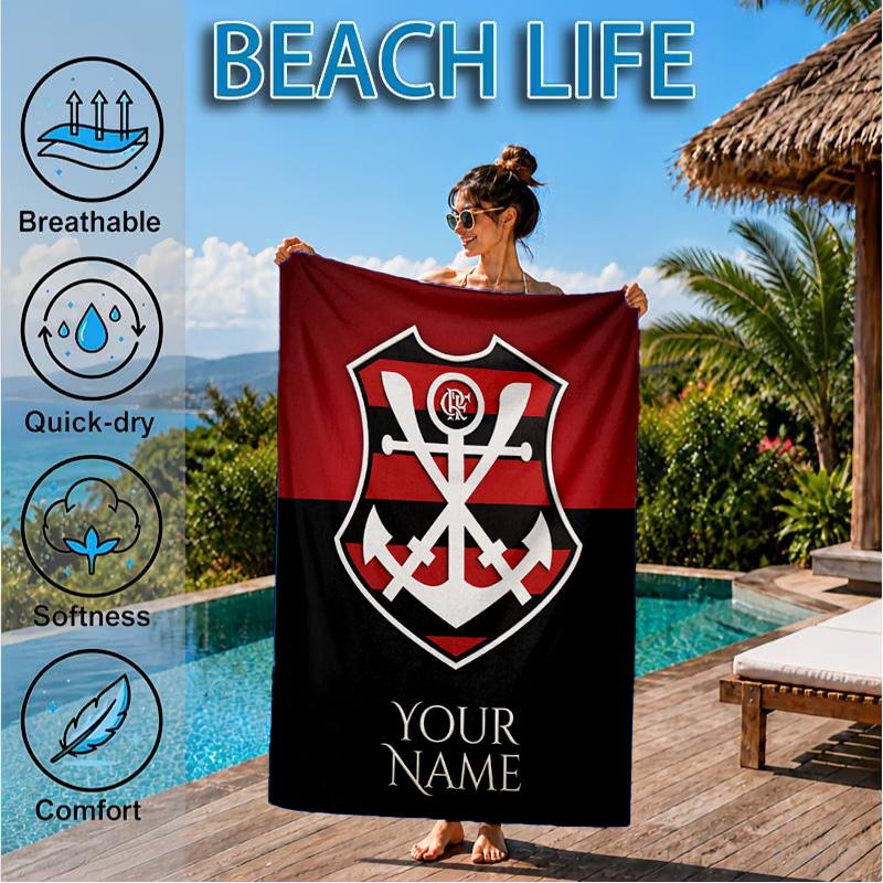 Custom Name Beach Towel FLAMENGO Shield Emblem Soft and Quick-drying Beach Towel, Suitable for Travel, Swimming Pool, Gym, Yoga, Gifts