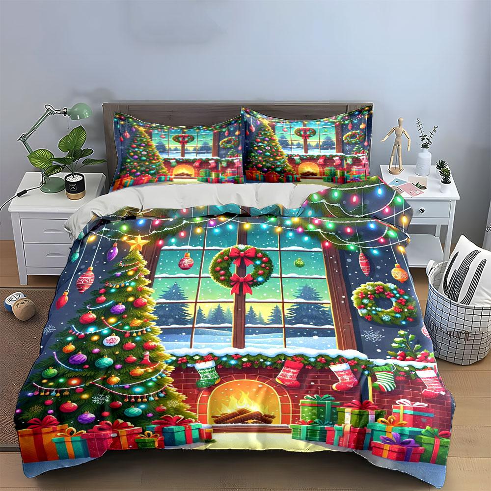 Christmas tree and wreaths. Bedding sets Duvet cover sets Duvet covers Pillowcases(1*Duvet Cover 2*Pillowcases without duvet insert)