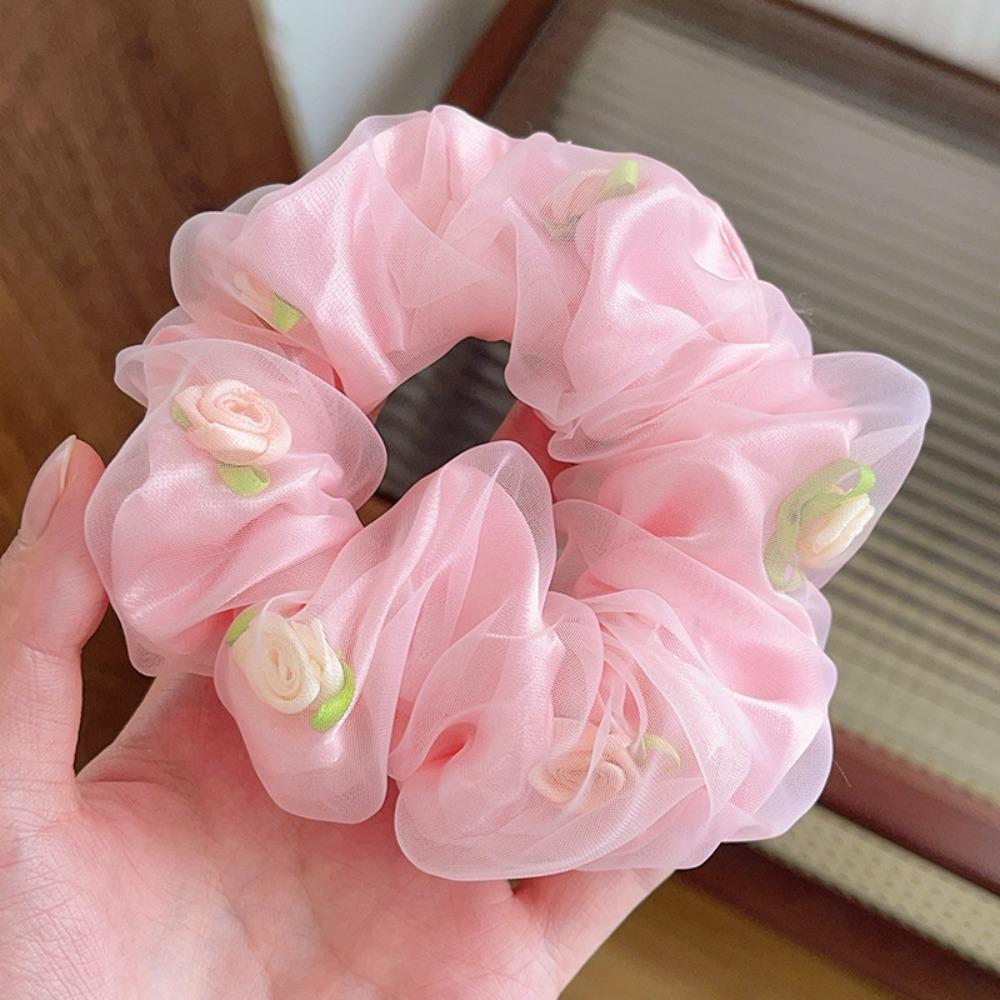 French Style Double Layer Hair Rope Large Intestine High Elastic Hair Bands Mesh Rose Blossom Ponytail Headband for Women