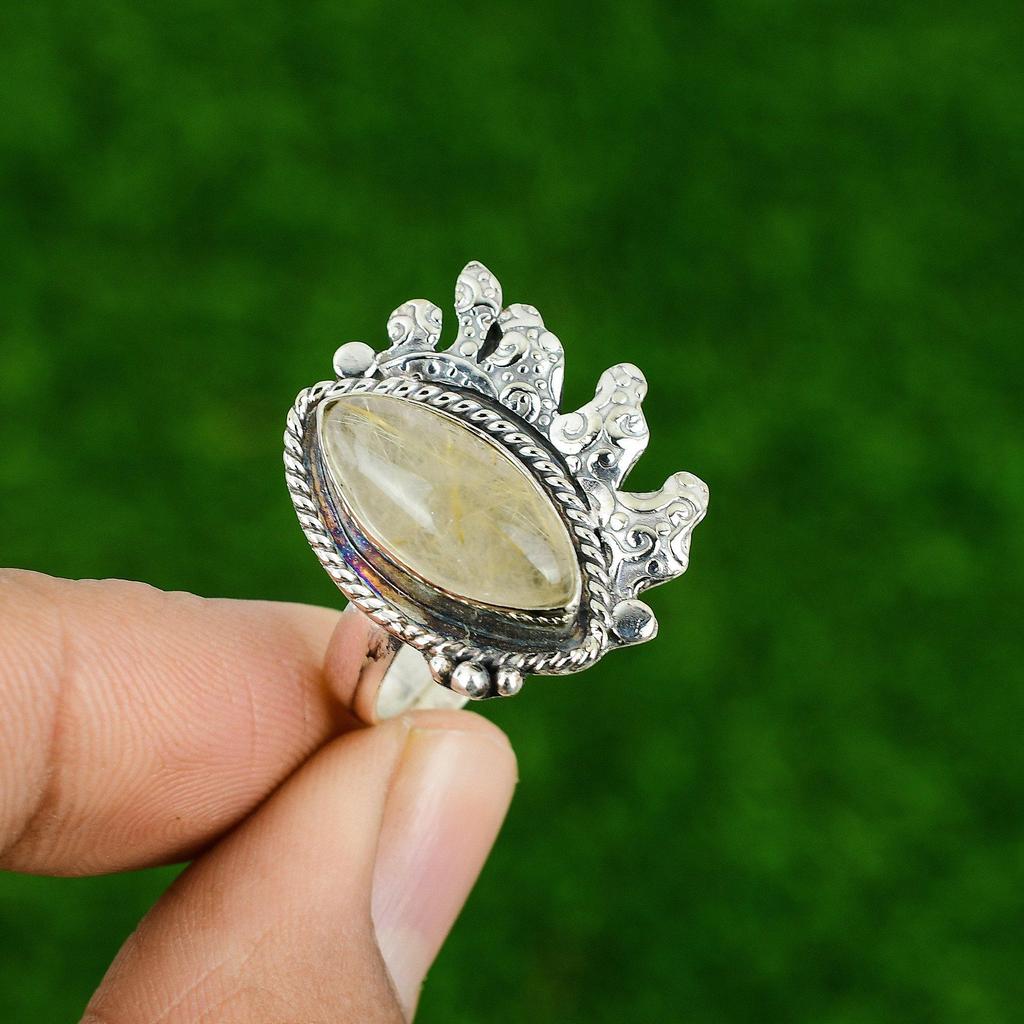 Gift For Her Natural Golden Rutile Multi Stone Adjustable Ring 925 Silver