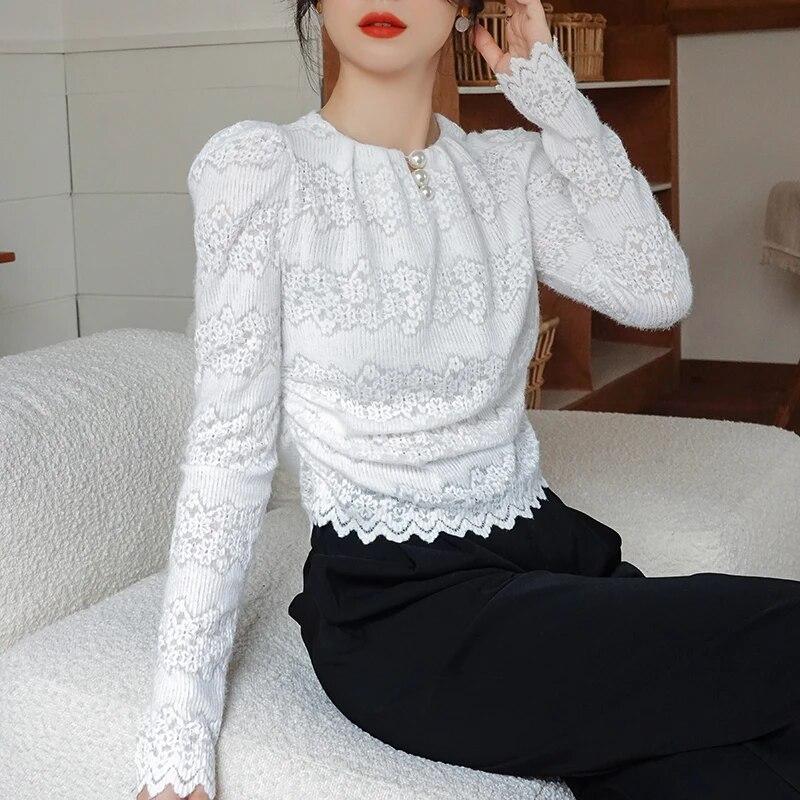 Модная вязаная крючком кружевная блузка для женщин, простые плиссированные топы с длинными рукавами, осень-зима, повседневная корейская полая рубашка 29562