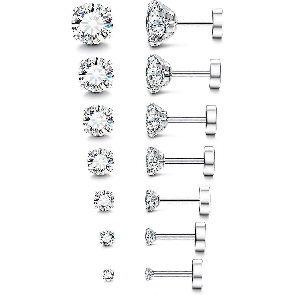 Jstyle 6/7/12 Pairs Hypoallergenic Flat Back Earrings for Women Men, Silver & 14K Gold Stainless Steel Studs, Cubic Zirconia, Birthstone, Surgical