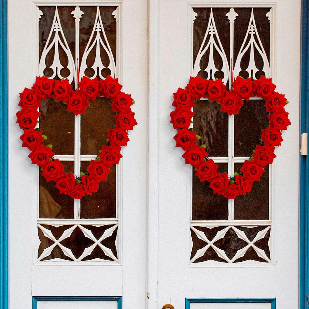 Artificial Rose Wreath Heart Shaped Floral Rose Artificial Garland Door Wreath For Home Party Wedding Valentine's Day Decoration, Red Rose