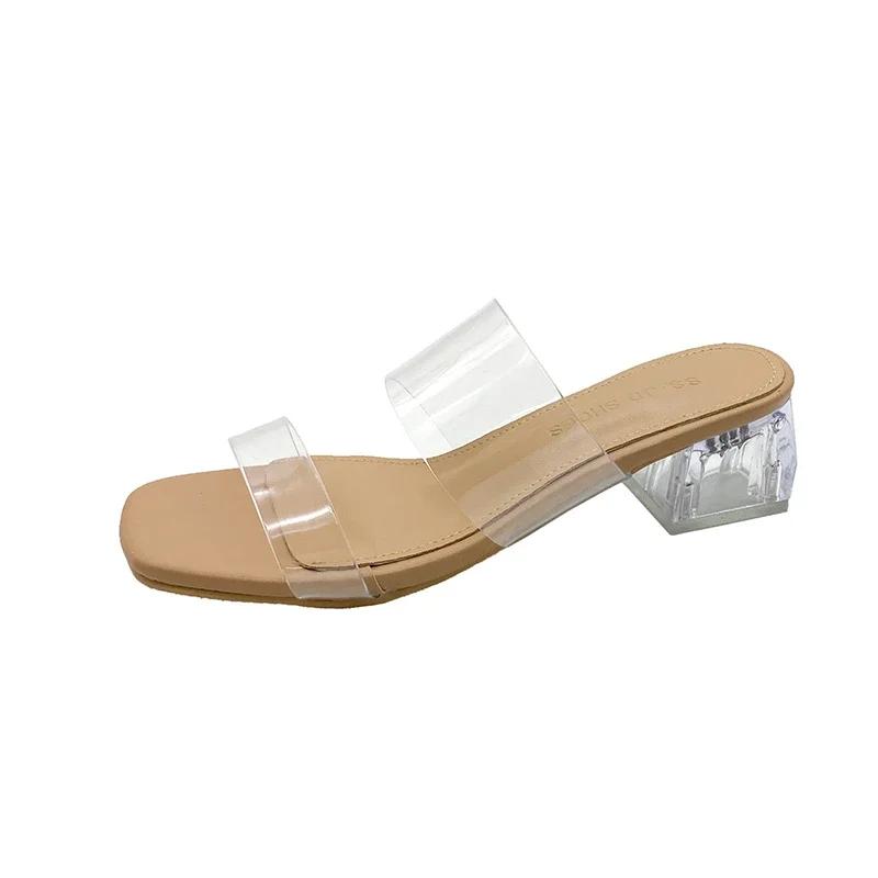 Женские сандалии Летняя мода Роскошные Новые Пляжные Женские Прозрачные Сандалии Удобные Высокие Каблуки Женские Прозрачные Туфли на Среднем Каблуке