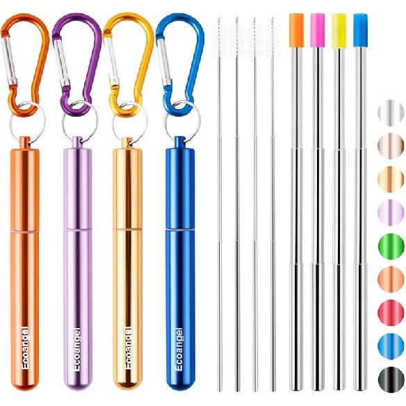 Cruise Ship Essentials,4-Pack reble Collapsible Stainless Steel Drinking Straws with Aluminum Case,Cleaning Brush,and Keycha-Silver,Blue,Red,Green