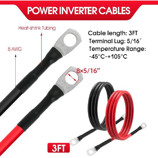 8 AWG Battery Cable 8 Gauge Power Inverter Cables with 5/16 Inch Lugs Both Ends for Solar Boat Marine RV Car 2 Pack (3FT)