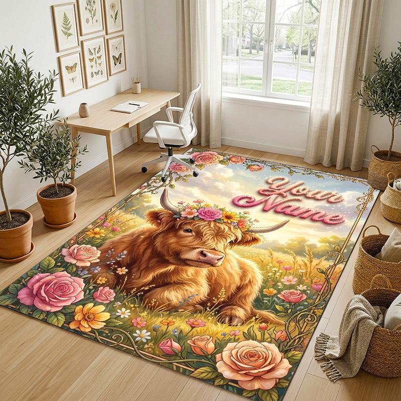Cow Highland Theme Crystal Velvet Rug Personalized Custom Name Text Soft Floor Mat Home Decor