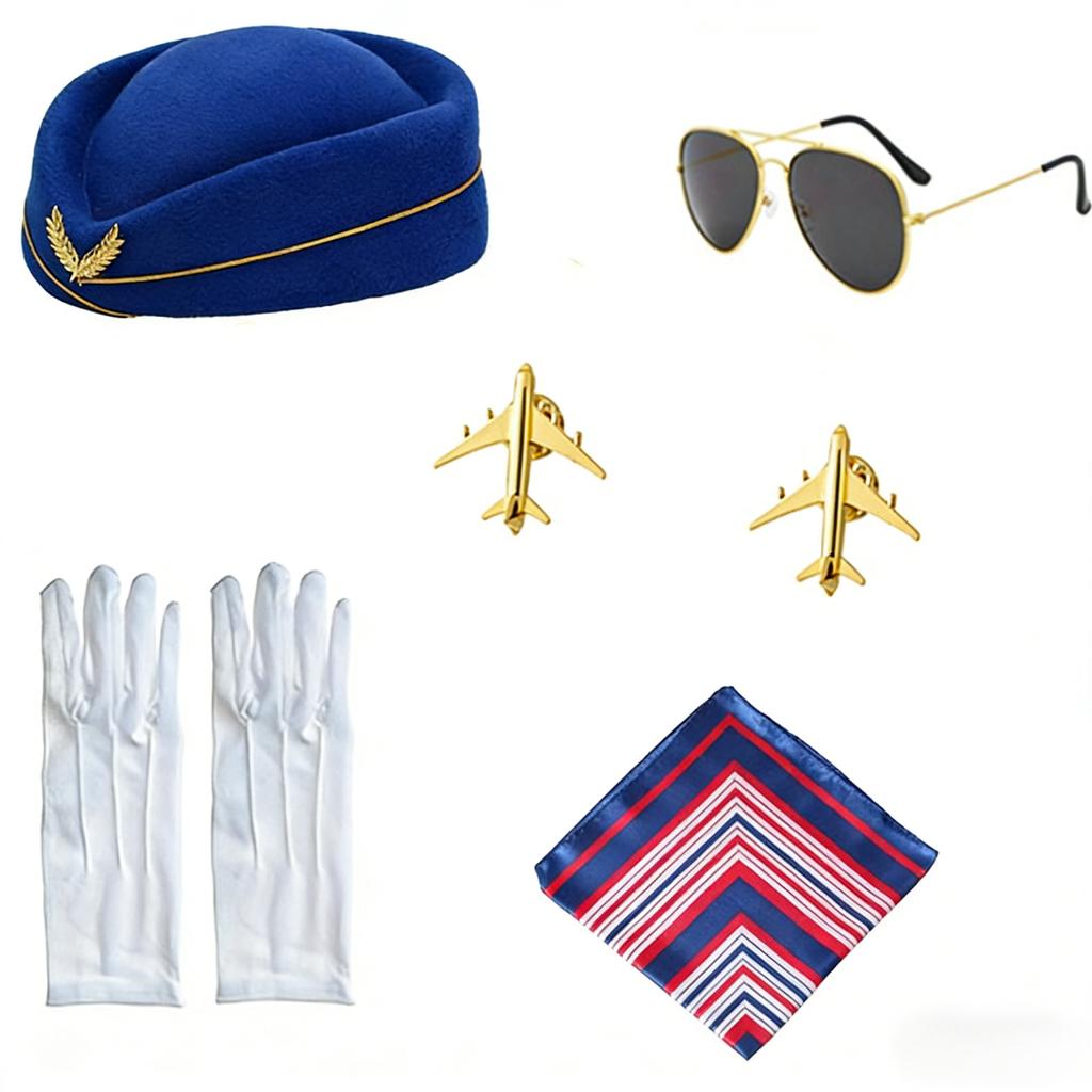 PESENAR Flight Attendant Costume Accessory Set with Beret, Sunglasses, Plane Pins, Scarf and White Gloves