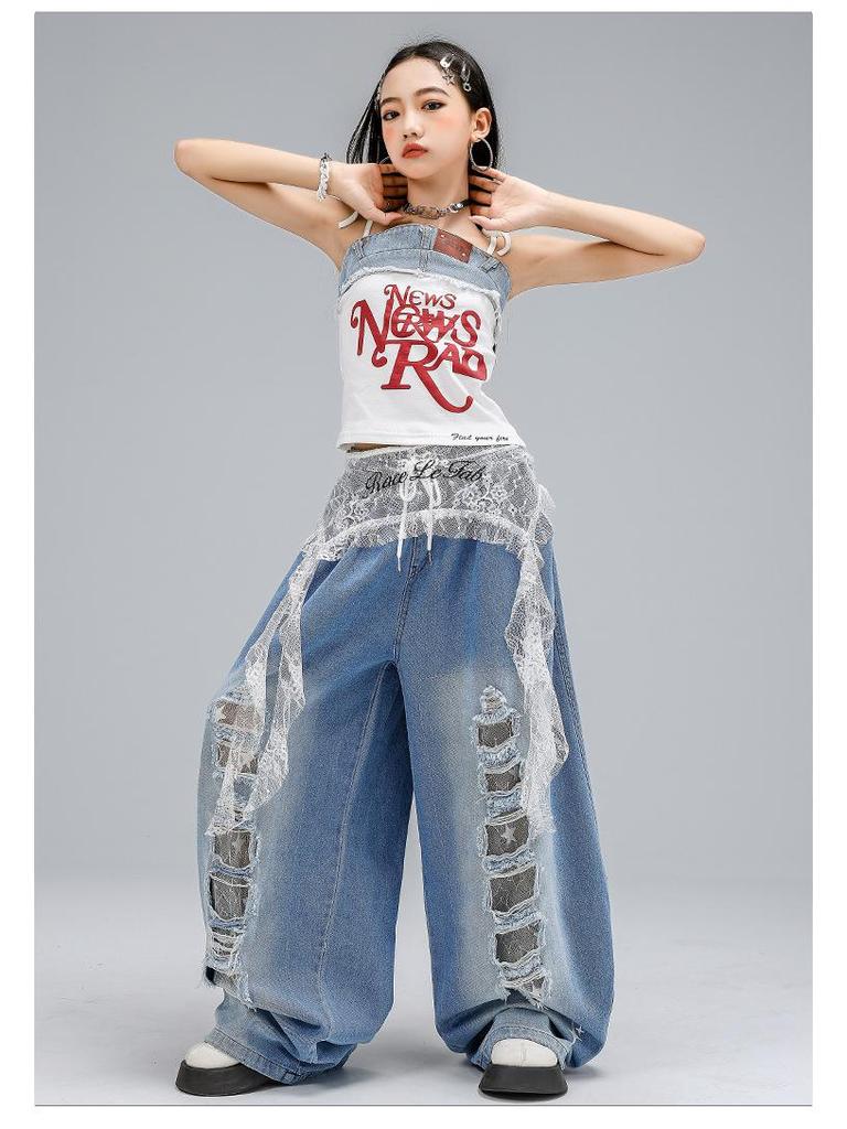 Костюм для джазового танца в корейском стиле для девочек - Детские рваные джинсовые шорты для летнего выступления.