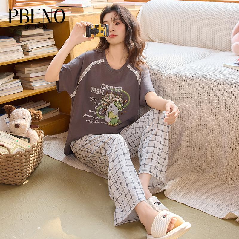 Paibangnu summer loose short sleeved pants home suit set with breast pads and snowflake cotton