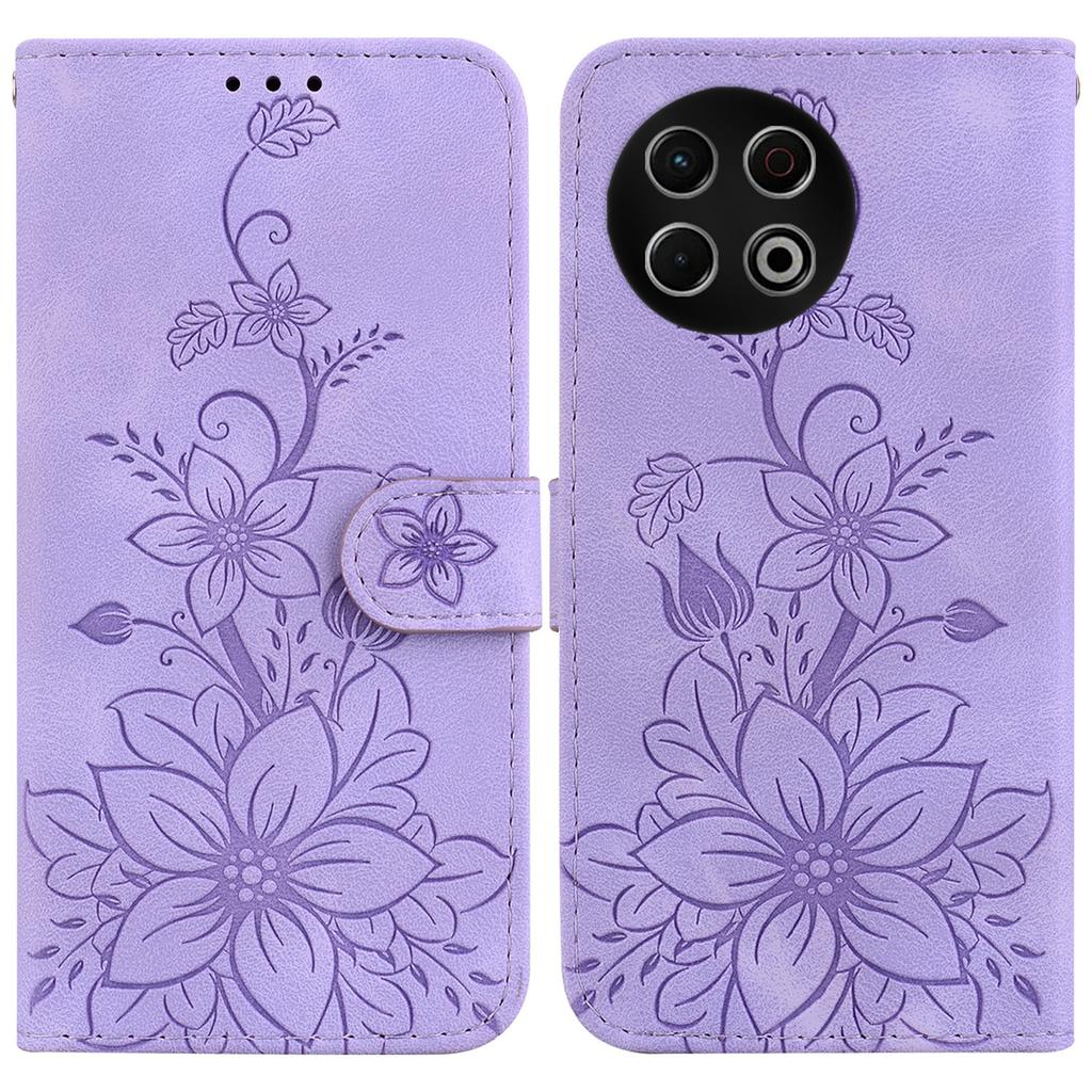 For TECNO Spark 30 Pro 4G Stand Case Lily Flower Imprint Leather Phone Cover with Wrist Strap