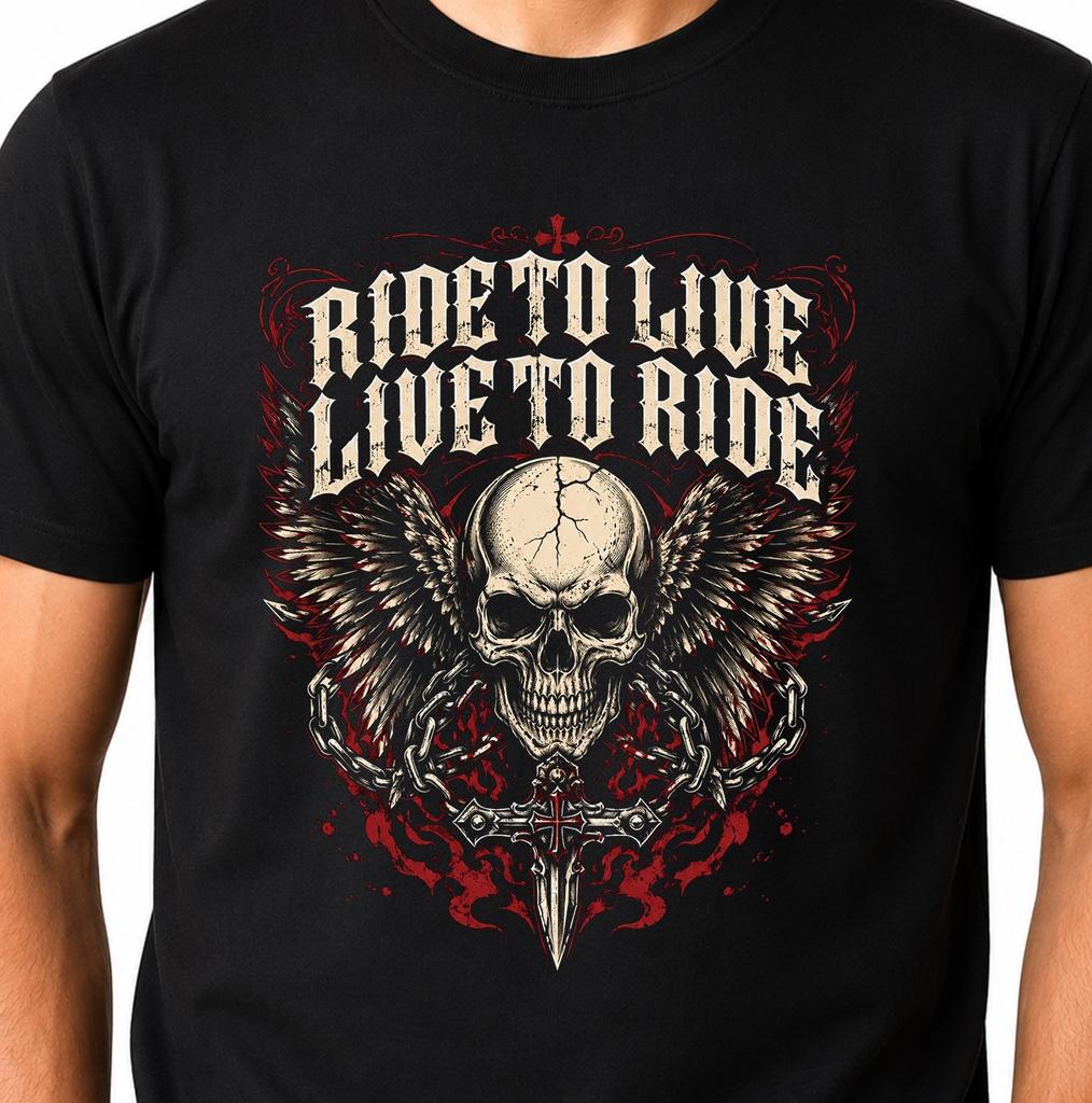 Skull Wings T-Shirt Ride To Live Biker Motorcycle Gothic Cross Graphic Tee.
