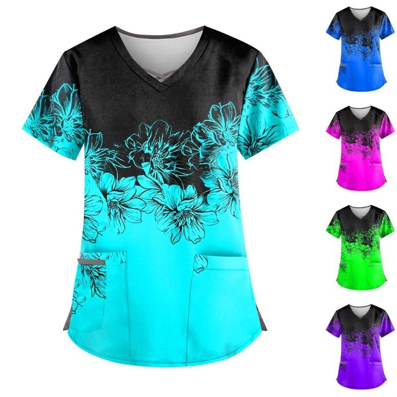 Plus Size Flower Printed Scrub Working Uniform Tops for Women Cross V-Neck Short Sleeve Fun T-Shirts Workwear Tee with Pockets