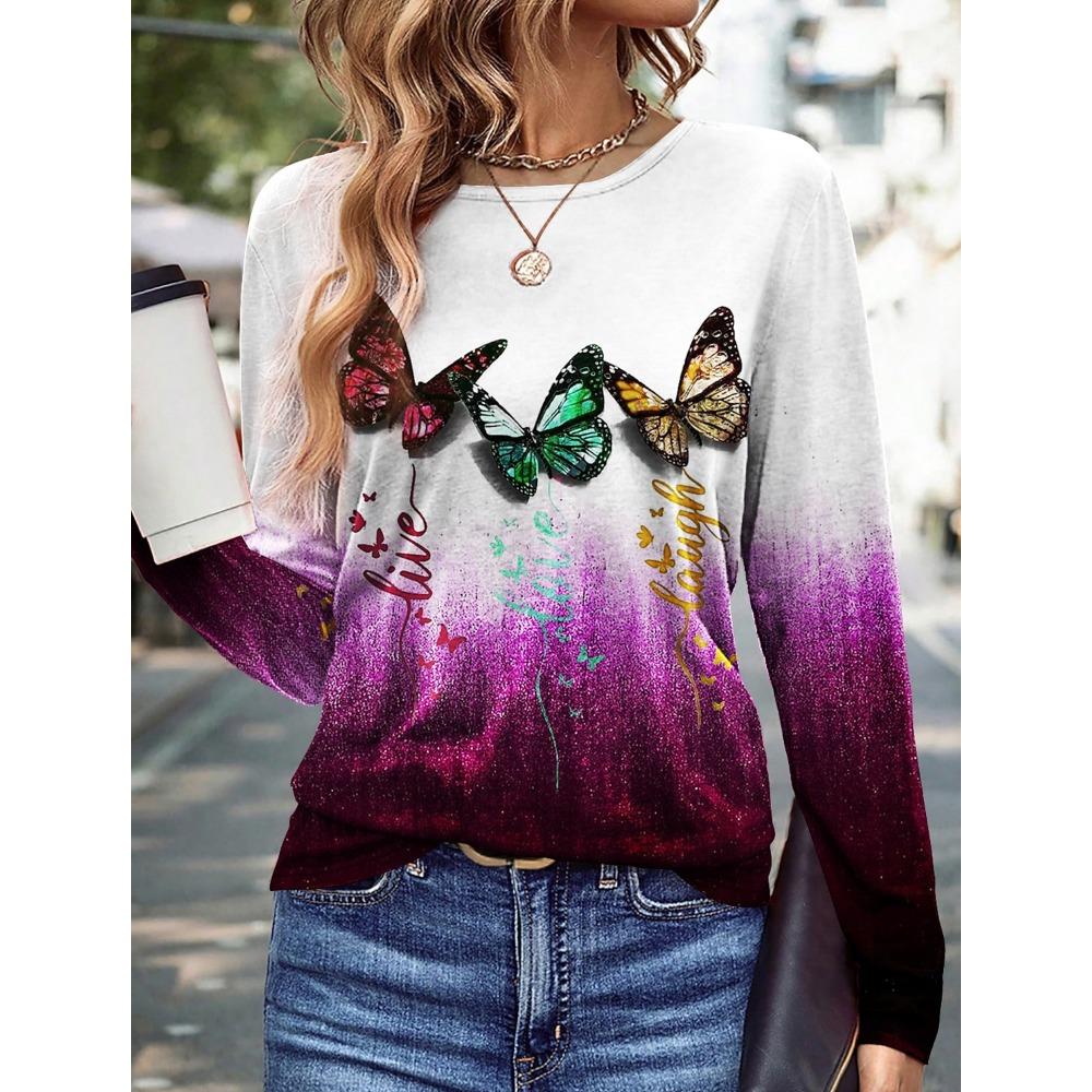 Модный женский пуловер с цветочным принтом/графикой бабочек, повседневная уличная одежда с круглым вырезом, базовая футболка с длинным рукавом, микроэластичная толстовка