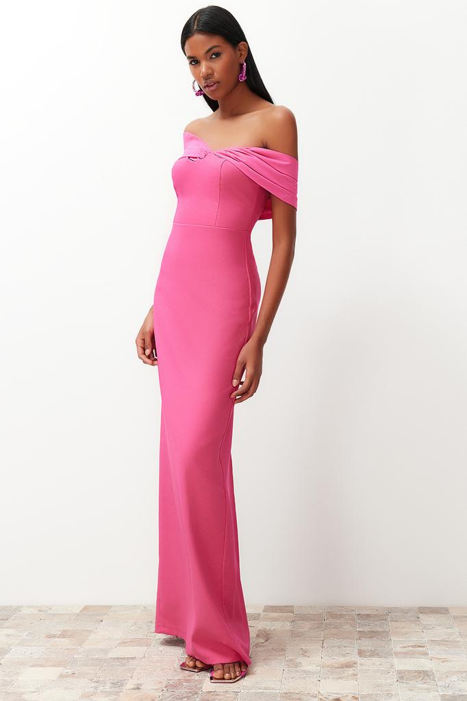 Women's Fashion New Evening Dress & Graduation Dress Black Fitted Asymmetrical Collar Poplin Detailed Long Evening Evening Dress