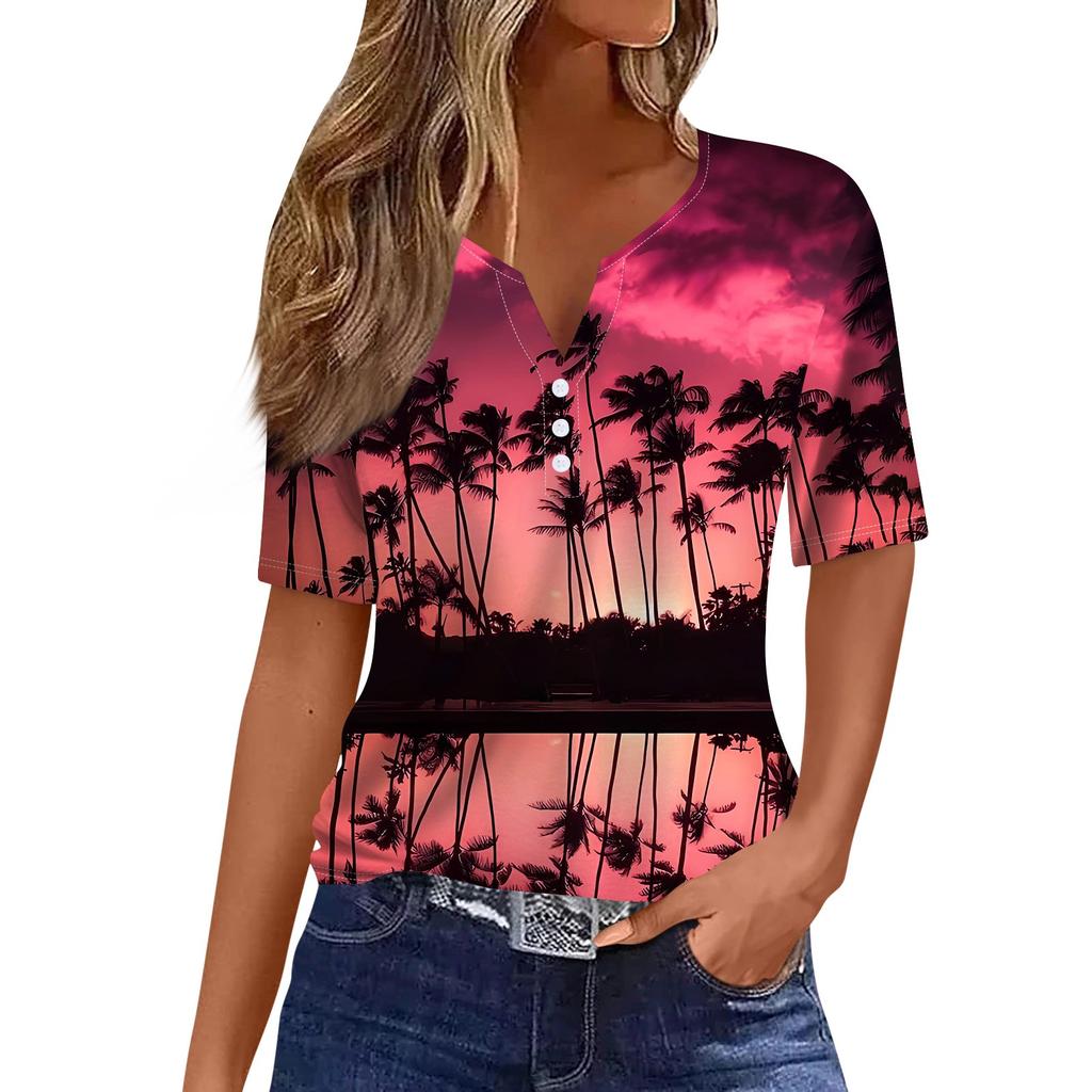 Women's T Shirt Hawaiian Print Button Short Sleeve Daily Weekend Fashion Basic V- Neck Regular Top