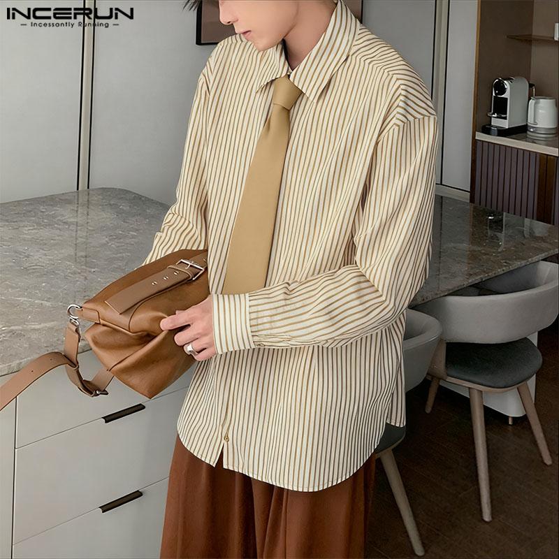 INCERUN S-5XL Men Turn-down Collar Tie Long Sleeve Striped Casual College Style Shirts