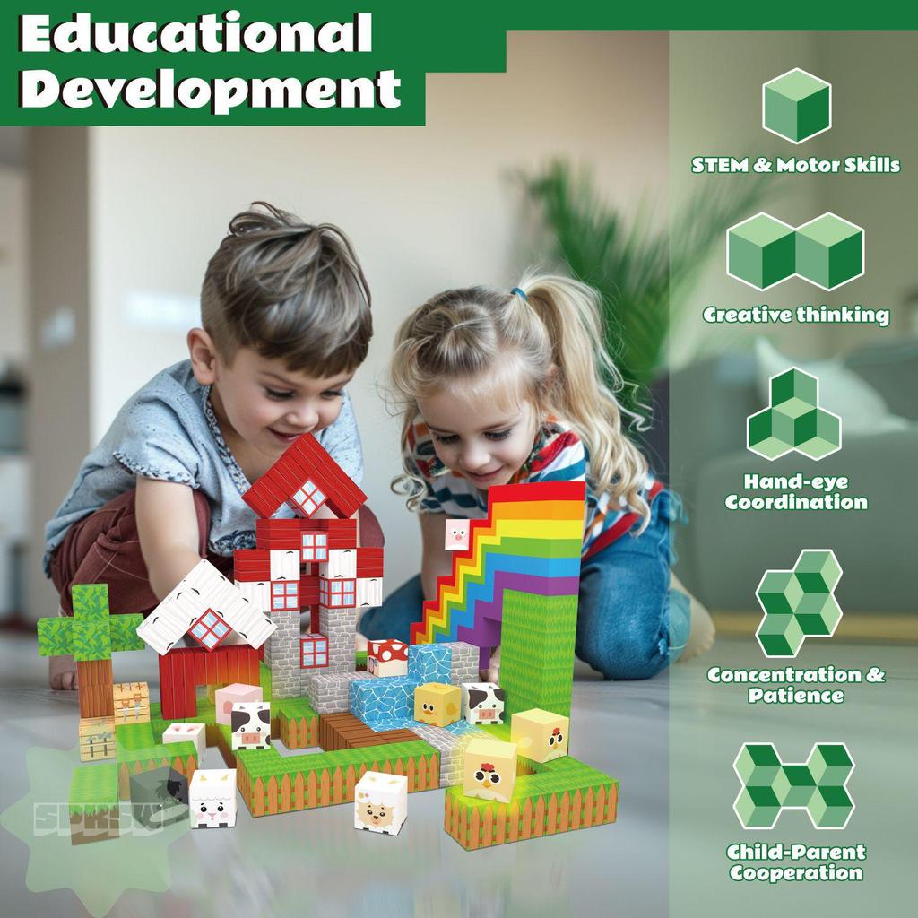 My Farm World Magnetic Cube Light-Up Toy Set - Montessori Building Blocks