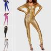 Women Mesh Hole Zipper Faux Patent Leather Tight Jumpsuit Nightclub Bodysuit