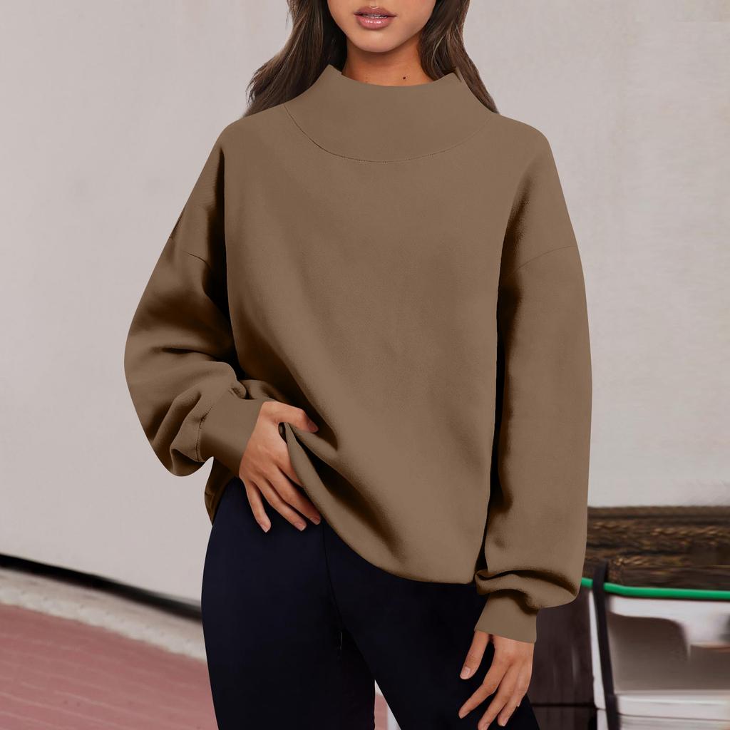 Women's Fashion Solid Color Long Sleeve Loose Slit Half Turtleneck Pullover Sweatshirt Top