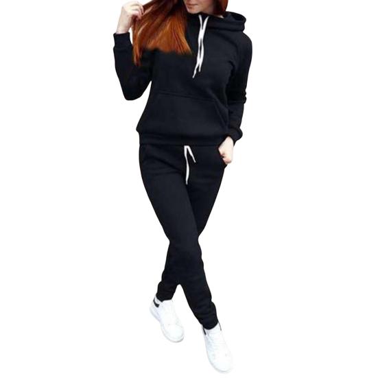 2 Pcs/Set Women Hoodie Pants Suit Solid Color Plush Long Sleeves Thick