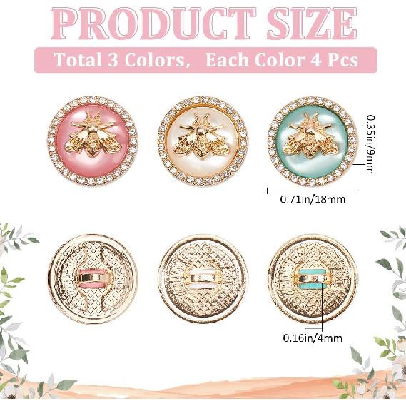 GORGECRAFT 12Pcs Metal Rhinestone Button 3 Colors 3D Bee Round Button 18mm Gold Buttons with Bees & Rhinestone & Resin for Blazer Suits Sport Coat