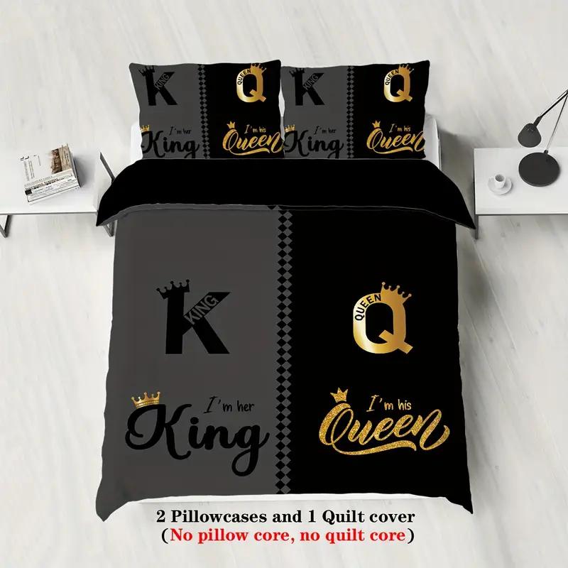 3 шт. комплект постельного белья размера king и queen с принтом, модный, черный и серый, 1 пододеяльник + 2 наволочки, для домашней спальни