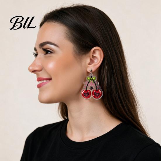 Dark Style Pendant Earrings 1 Pair Acrylic Cherry for Women, 2D Fruit Dangle Drop Halloween Party Jewelry with Spider Web And Bow, Punk Goth Aesthetic